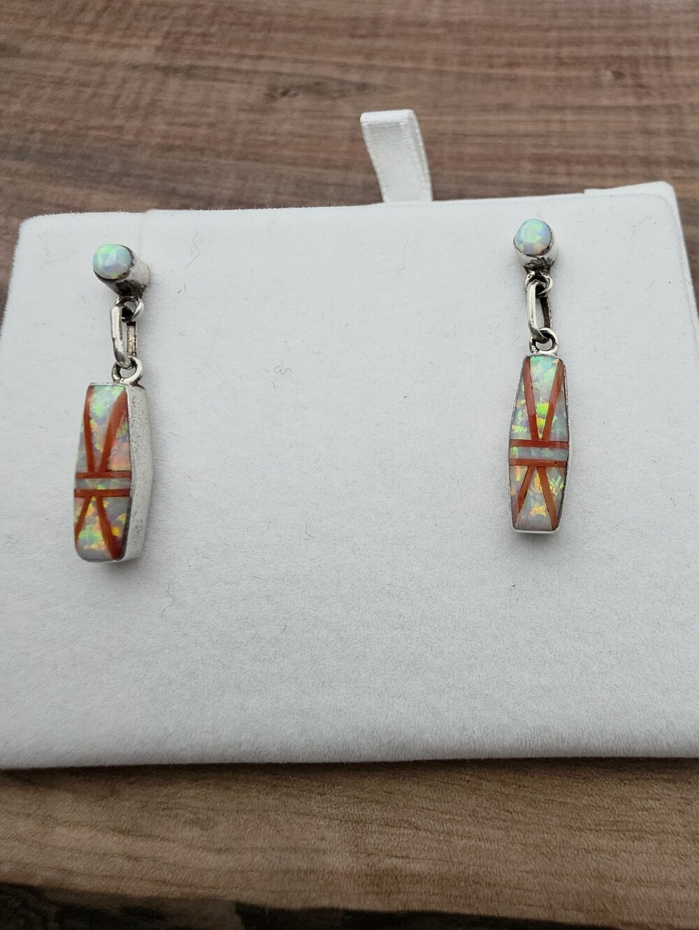 Vintage Lucio Zuni Native American Pueblo Opal Inlay Dangle 925 Silver Earrings